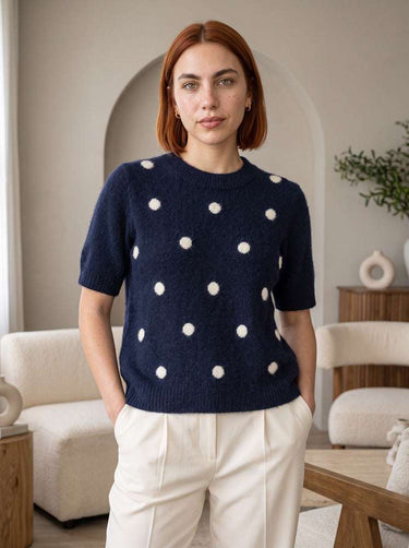 Top femme en maille à pois et manches courtes - Marine